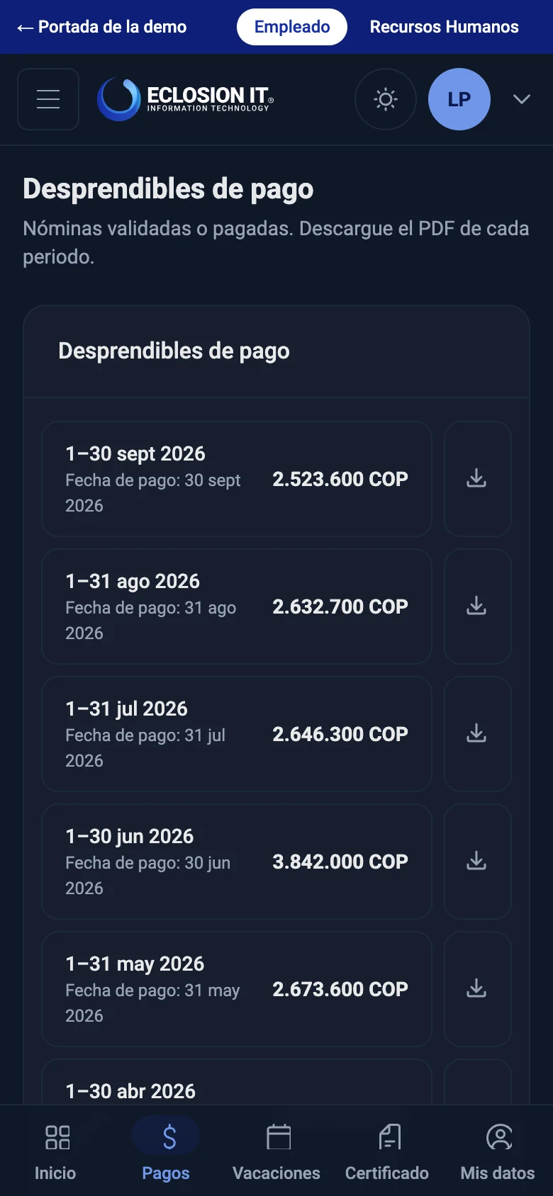 Desprendibles de pago del portal en el celular