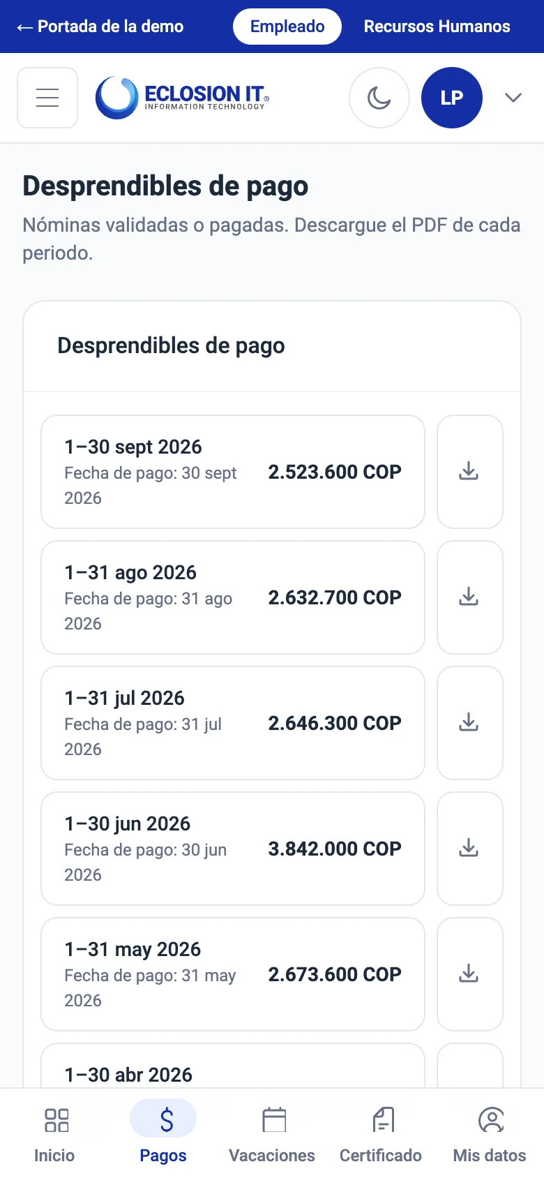 Desprendibles de pago del portal en el celular